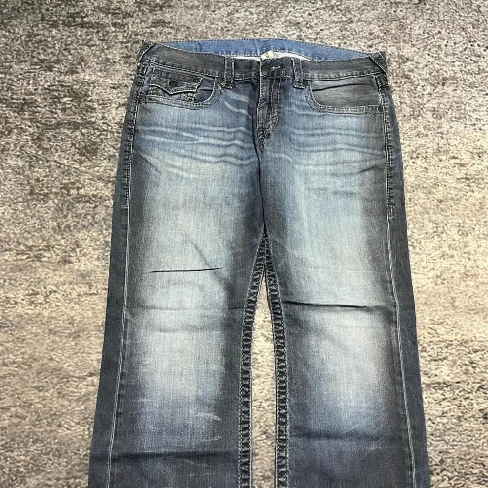 True Religion Jeans Mens 38x29 Blue World‎ Tour Section Straight Hip-Hop Y2K